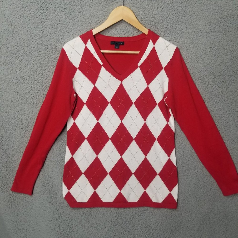 TOMMY HILFIGER Women's Red White Argyle V-Neck Holiday Sweater Size M